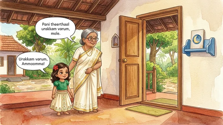 A painted page: a grandmother walks a little girl to bed past an open door and says 'Pani theerthaal urakkam varum, mole.'