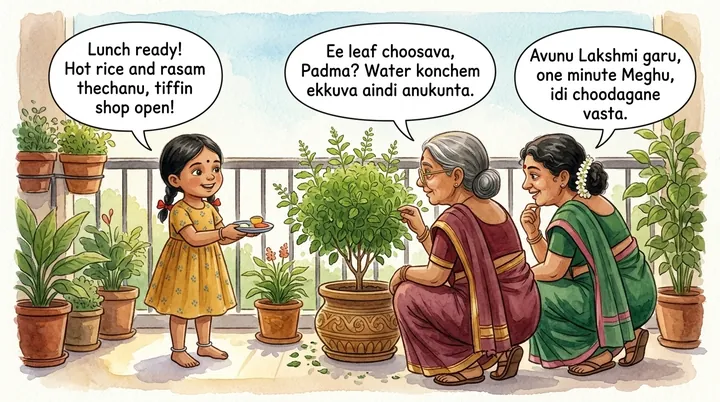 A painted page: a little girl holds a plate on a balcony garden while her grandmother looks at a leaf and says 'Ee leaf choosava, Padma?'